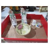 VTG VICTORIAN FIGURINES,TEACUP & CAT PIN CUSHION