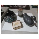 PEWTER DUCK BOX, BUCKLE , ETC.