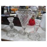CLEAR SWIRL GLASS VASE & CANDLESTICKS