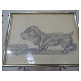FRAMED DASCHUND DRAWING ARTIST SIGNED 1970