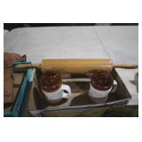 POTTERY SALT & PEPPER SHAKERS, WOOD ROLLING PIN