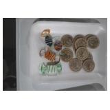 ANTIQUE WOOD NICKELS & GLASS CANDIES