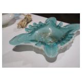 VTG MURANO WHITE CASE TEAL W/ GOLD SWIRL ASHTRAY