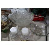 PUNCH BOWL W/ CUPS, FRUIT BOWL, CANDLES