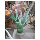 VTG 6 FINGER GREEN SLAG GLASS VASE - MEXICO