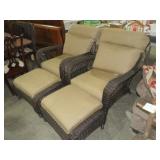(2) WICKER WOVEN PADDED PATIO CHAIRS W/ OTTOMANS