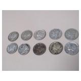 (10) MERCURY DIMES VARIOUS DATES & MM 90%