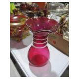 CRANBERRY W/ WHT SWIRL ART GLASS VASE