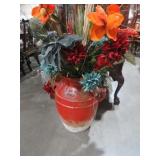 POTTERY DBL HANDLED URN W/ FLOWERS