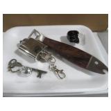 COLLECTION OF BOTTLE OPENER, LOCKS, KEYS,RING