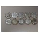 (10) ROOSEVELT DIMES VARIOUS DATES & MM 90%