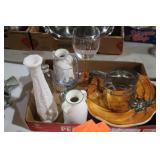 MILKGLASS VASE, PUMPKIN DISH, SIFTER, MISC