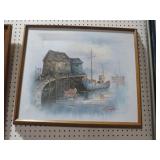 FRAMED OIL ON CANVAS FISHING BOAT PICTURE SCENE