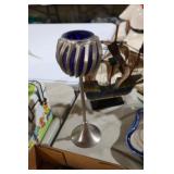 EBERLE COBALT BLUE GLASS & METAL LOTUS CANDLE HOLD