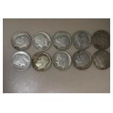 (10) ROOSEVELT DIMES VARIOUS DATES & MM 90%