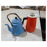 MCM ORANGE & BLUE/WHT ENAMEL COFFEE / TEA KETTLES