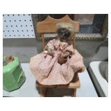 VTG WALNUT HEAD HANDMADE DOLL & WOOD CHAIR