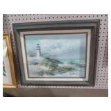 FRAMED OIL CANVAS LIGHTHOUSE & BEACH SCENE