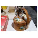VINTAGE HAND PAINTED WOODEN FIRKIN SEWING BASKET