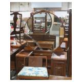 ANTIQUE 4 DWR VANITY DRESSER W/ MIRROR & STOOL