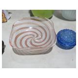 ART GLASS BOWL & COBALT BLUE DRESSER BOX