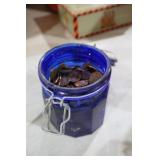 COBALT BLUE JAR FULL OF PENNIES