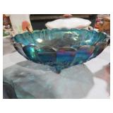 BLUE CARNIVAL GLASS IRIDESCENT FOOTED BOWL