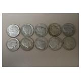 (10) ROOSEVELT DIMES VARIOUS DATES & MM 90%