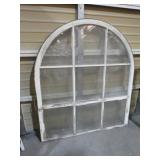 EARLY WOOD FRAMED ARCHED GLASS WINDOW