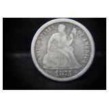 1875 S SEATED LIBERTY DIME 90%
