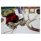 ANTLERS, DEER CALL, OLD HUNTERS HAT