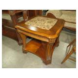 CHERRY FINISH FAUX MARBLE TOP SIDE TBL