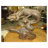 BRONZE DRAGON W/ BALL SCULPTURE