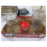 GLASS CANDY JAR, PITCHER & MISC