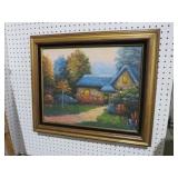 FRAMED OIL ON CANVAS COTTAGE SCENE