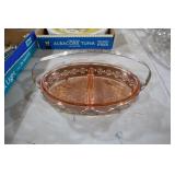 PINK DEPRESSION GLASS DIVIDED DISH IN SILVER