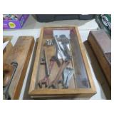 DISPLAY CASE W/  WRENCHS, RULER & MISC TOOLS