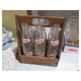 VINTAGE WOOD PEPSI CRATE WITH OLD BOTTLES/ LIDS