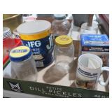 BOX OF JFG JARS, HOMECOMING MUG, MISC