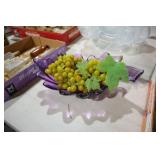 PURPLE FLASHED GLASS DISH W/ VTG GREEN GRAPES