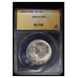 1964 D KENNEDY HALF DOLLAR 90% ANACS AU58