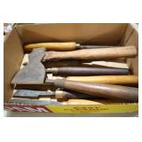 WOOD HANDLE HATCHET, CHISELS, MISC