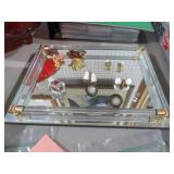 MIRRORED PLATEAU DISPLAY WITH VIN. PINS, EARRINGS