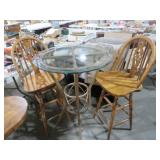 GLASS TOP METAL BASE BAR TBL W/ OAK SWIVEL STOOLS