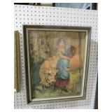 VTG FRAMED MILK MAID W/ COW PICTURE