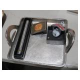 PEWTER TRAY CIGAR HOLDER, COKEOPENER, BRASS BUCKLE