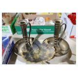 2 HEAVY BRASS CANDLE STANDS & DECORATIVE LEAF