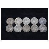 (10) MERCURY DIMES VARIOUS DATES & MM 90%