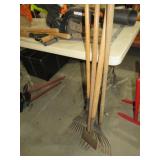 COLL. WOOD HANDLE YARD TOOLS, RACKS MISC