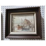FRAMED ARTIST SIGNED PAINTING ON CANVAS SHIP DOCK
